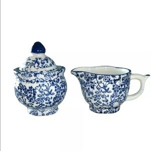 Blue & White Floral Sugar Bowl With Lid And Creamer Unbranded